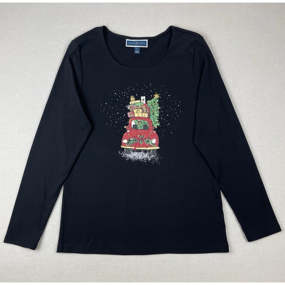 Karen Scott Womens L Graphic Christmas Car Black Tee Long Sleeve Glitter Holiday